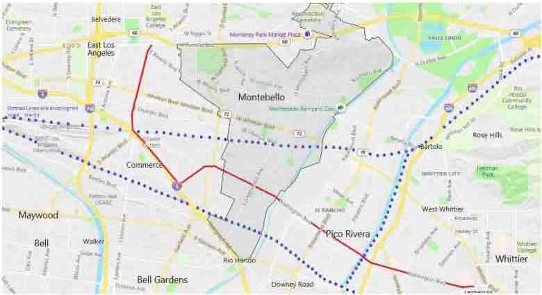 Project map.Route starts at 3rd Street and Atlantic Boulevard in East L.A., goes south down Atlantic to Telegraph Road, then east down Washington Blvd through to the city of Whittier.